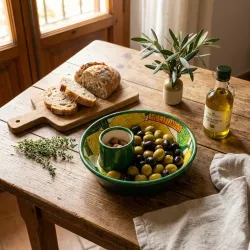 Aceitunero de cerámica con limones.